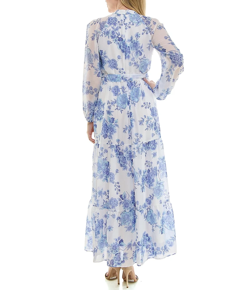 Moda Tara Yoryu Chiffon Mock Neck Toile Print Tiered Maxi Dress