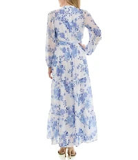Moda Tara Yoryu Chiffon Mock Neck Toile Print Tiered Maxi Dress