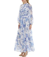 Moda Tara Yoryu Chiffon Mock Neck Toile Print Tiered Maxi Dress
