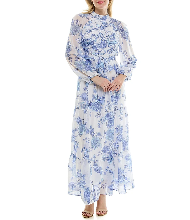 Moda Tara Yoryu Chiffon Mock Neck Toile Print Tiered Maxi Dress