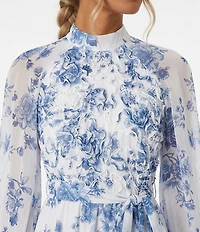 Moda Tara Yoryu Chiffon Mock Neck Toile Print Tiered Maxi Dress