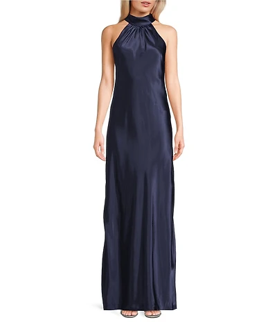 Morgan & Co. Charmeuse Halter Mock Neck Tie Back Long Dress