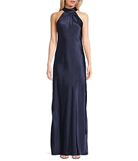 Morgan & Co. Charmeuse Halter Mock Neck Tie Back Long Dress