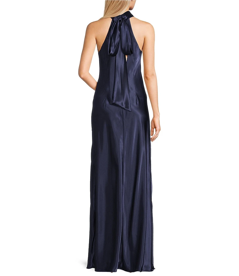 Morgan & Co. Charmeuse Halter Mock Neck Tie Back Long Dress