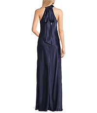 Morgan & Co. Charmeuse Halter Mock Neck Tie Back Long Dress