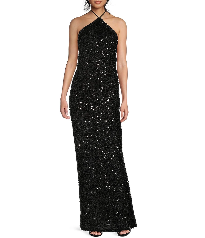Morgan & Co. Clustered Beaded Sequin Halter Tie Neck Dress