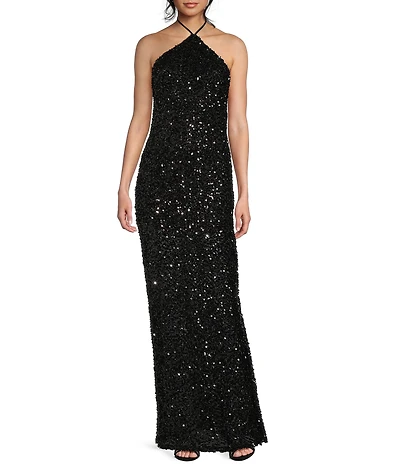 Morgan & Co. Clustered Beaded Sequin Halter Tie Neck Dress