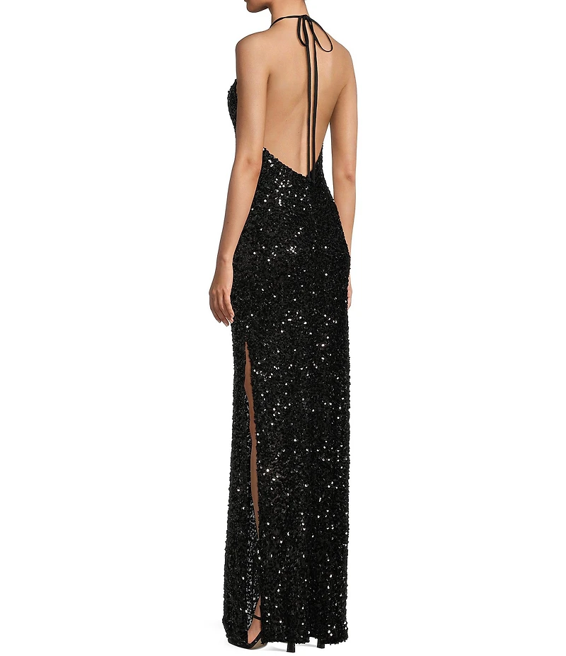 Morgan & Co. Clustered Beaded Sequin Halter Tie Neck Dress