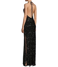 Morgan & Co. Clustered Beaded Sequin Halter Tie Neck Dress