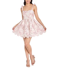 Morgan & Co. Floral Printed Metallic Brocade Ruffle Strap Scallop Hem Dress