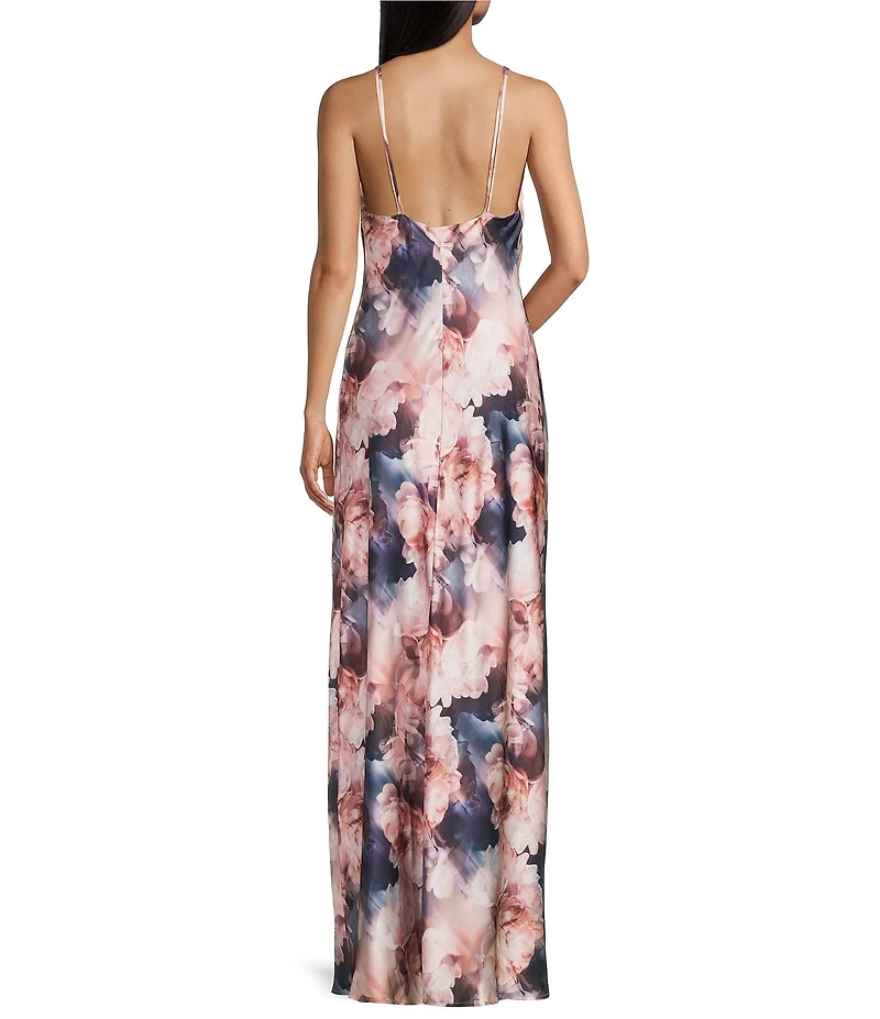 Morgan & Co. Floral Printed Satin Cowl Neck Dress