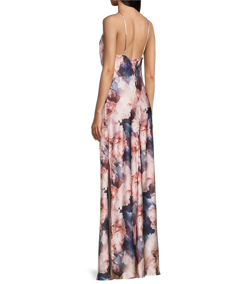 Morgan & Co. Floral Printed Satin Cowl Neck Dress