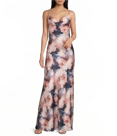 Morgan & Co. Floral Printed Satin Cowl Neck Dress