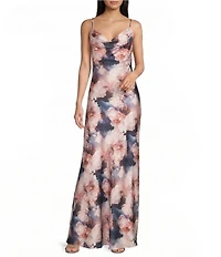 Morgan & Co. Floral Printed Satin Cowl Neck Dress