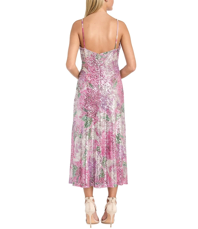 Morgan & Co. Floral Printed Sequin Embellished V-Neck Midi Dress