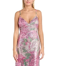 Morgan & Co. Floral Printed Sequin Embellished V-Neck Midi Dress