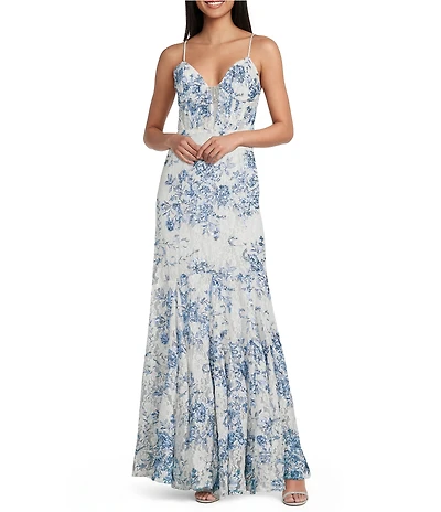 Morgan & Co. Floral Printed Sequin Lace Sweetheart Neck Corseted Bodice Mermaid Long Dress