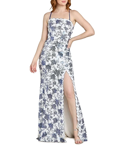 Morgan & Co. Floral Sequin Printed Scalloped Lace Up Dress