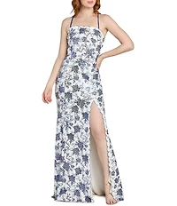 Morgan & Co. Floral Sequin Printed Scalloped Lace Up Dress