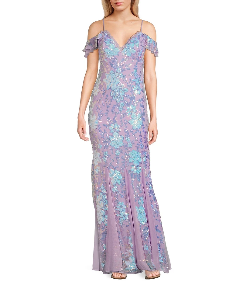 Morgan & Co. Floral Sequin V-Neck Off-The-Shoulder Sleeve Dress