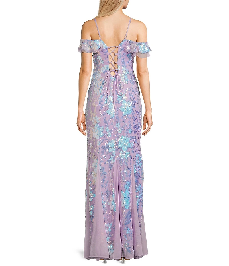 Morgan & Co. Floral Sequin V-Neck Off-The-Shoulder Sleeve Dress