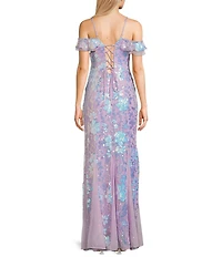 Morgan & Co. Floral Sequin V-Neck Off-The-Shoulder Sleeve Dress