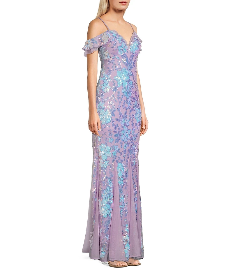 Morgan & Co. Floral Sequin V-Neck Off-The-Shoulder Sleeve Dress