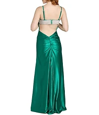 Morgan & Co. Glitter Jersey Pleated Rhinestone Bust Bar Back Dress