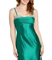 Morgan & Co. Glitter Jersey Pleated Rhinestone Bust Bar Back Dress