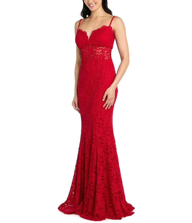 Morgan & Co. Glitter Lace Sweetheart Neck Illusion Corset Keyhole Back Dress  at Hamilton Place in Chattanooga, TN