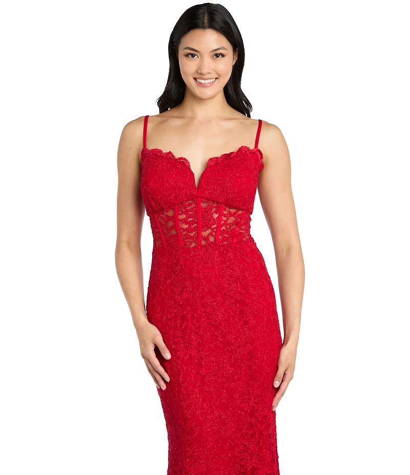 Morgan & Co. Glitter Lace Sweetheart Neck Illusion Corset Keyhole Back Dress at Hamilton Place in Chattanooga, TN Morgan & Co. Glitter Lace Sweetheart Neck Illusion Corset Keyhole Back Dress at Hamilton Place in Chattanooga, TN