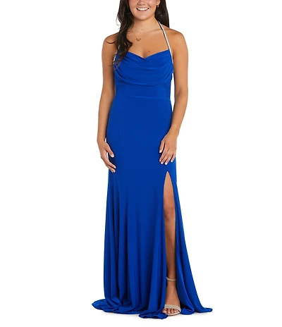 Morgan & Co. Halter Draped Neck Rhinestone Strap Side Slit Gown