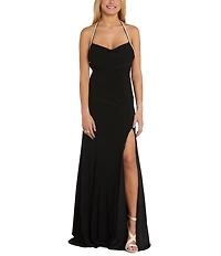 Morgan & Co. Halter Draped Neck Rhinestone Strap Side Slit Gown