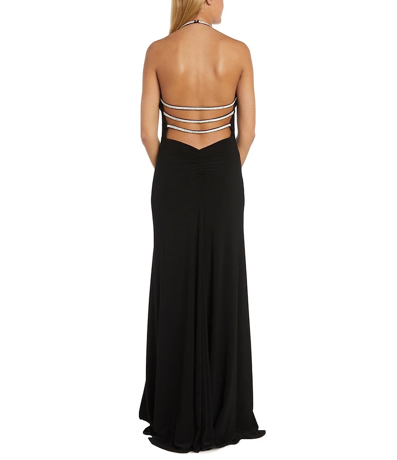 Morgan & Co. Halter Draped Neck Rhinestone Strap Side Slit Gown