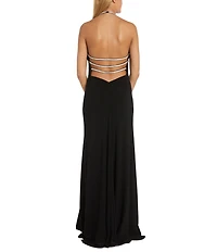 Morgan & Co. Halter Draped Neck Rhinestone Strap Side Slit Gown