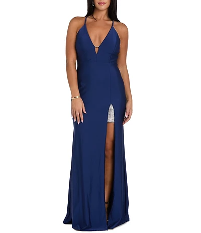 Morgan & Co. Jersey Knit V-Neck Sequin Insert Dress