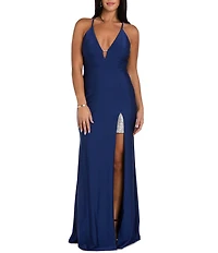 Morgan & Co. Jersey Knit V-Neck Sequin Insert Dress