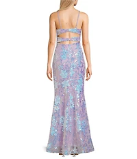 Morgan & Co. Pattern Floral Sequin Bar Back Long Dress