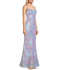 Morgan & Co. Pattern Floral Sequin Bar Back Long Dress
