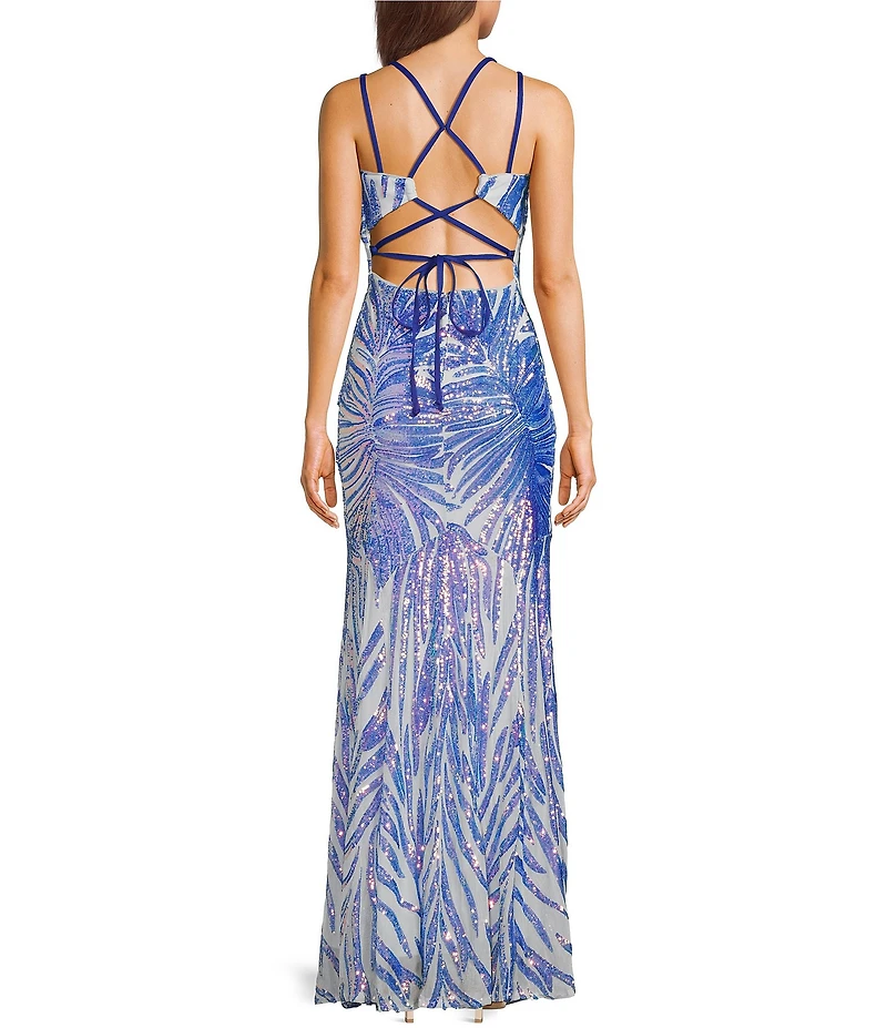Morgan & Co. Pattern Sequin Cage Back Long Dress