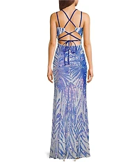 Morgan & Co. Pattern Sequin Cage Back Long Dress