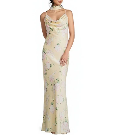 Morgan & Co. Satin Floral Printed Cowl Neck Tie Back Long Dress