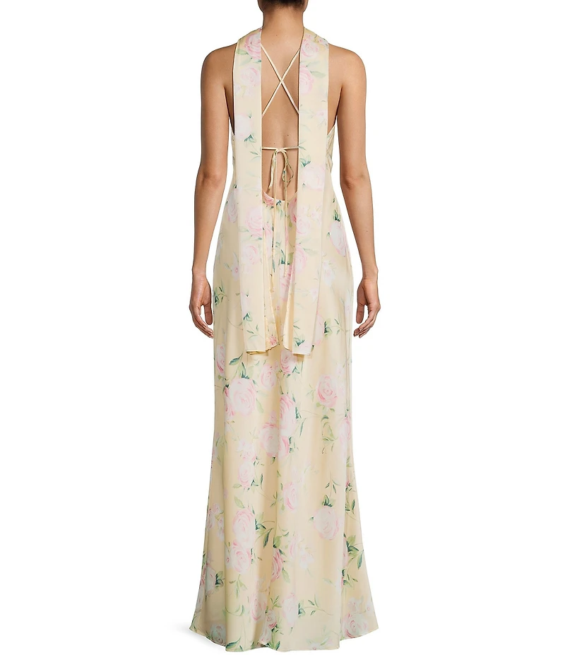 Morgan & Co. Satin Floral Printed Cowl Neck Tie Back Long Dress