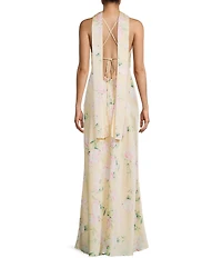 Morgan & Co. Satin Floral Printed Cowl Neck Tie Back Long Dress