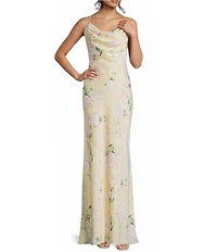 Morgan & Co. Satin Floral Printed Cowl Neck Tie Back Long Dress