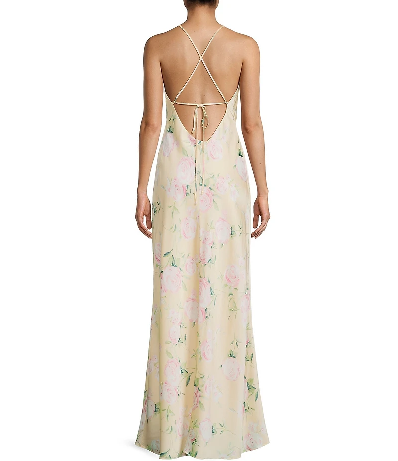 Morgan & Co. Satin Floral Printed Cowl Neck Tie Back Long Dress