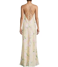 Morgan & Co. Satin Floral Printed Cowl Neck Tie Back Long Dress