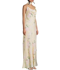 Morgan & Co. Satin Floral Printed Cowl Neck Tie Back Long Dress