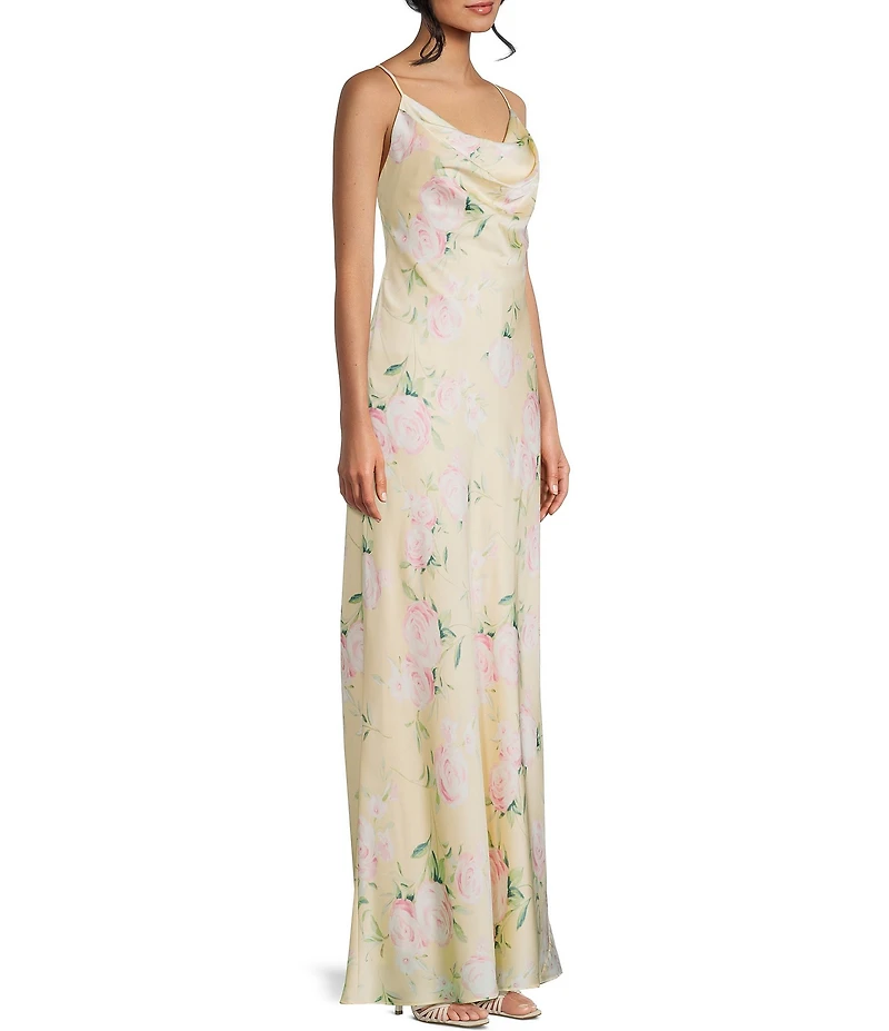 Morgan & Co. Satin Floral Printed Cowl Neck Tie Back Long Dress