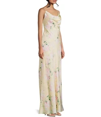 Morgan & Co. Satin Floral Printed Cowl Neck Tie Back Long Dress